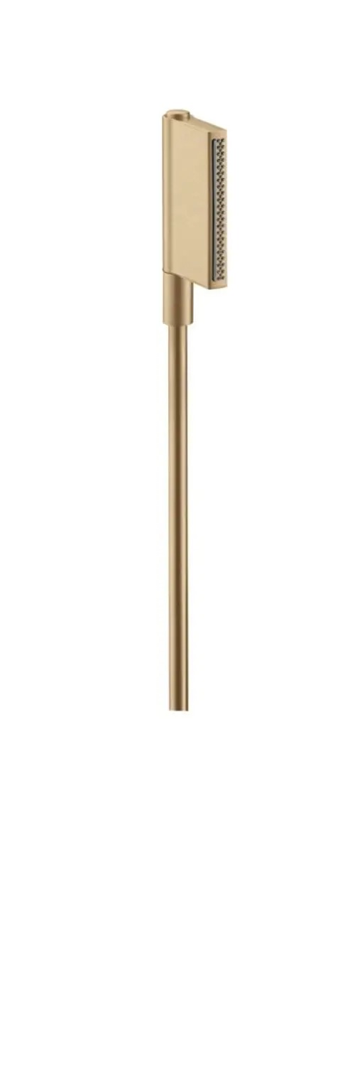 Handbrause in gebürstetem Bronze-Finish von AXOR mit zwei Strahlarten. Minimalistisches Design mit rechteckigem Kopf und schlankem Griff.